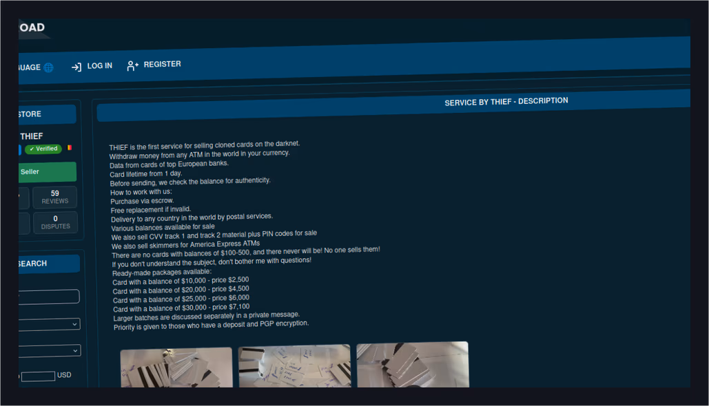 cloned credit cards marketplace website interface